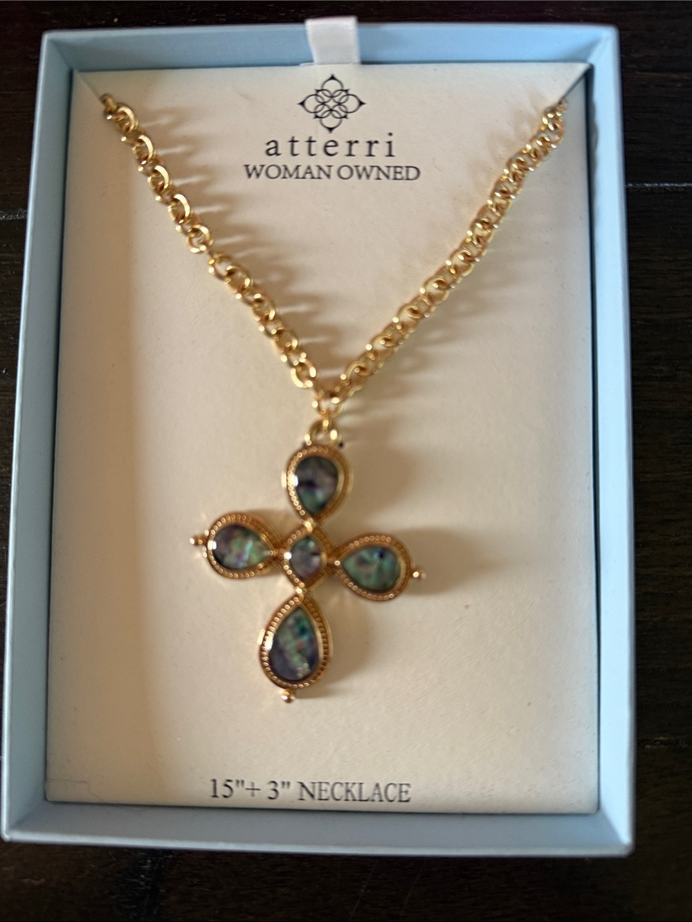 Atterri Gold Chain Necklace with Abalone Cross Pendant 15 plus 3” extender